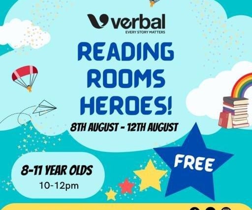 Reading Room Heroes Summer Scheme, Verbal Arts Centre on Monday 8th Aug 10:00am - 12:00pm. Become a Reading Room Hero this summer!
Sign up for the August summer scheme for children aged 8-11 years old. There will be plenty of storytelling and games, with new stories every day and the kids get to tell us what they think.