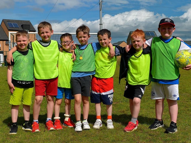 Young soccer players at the Hillcrest Trust and Irish Street Youth and Community Association’s Waterside Shared Village Summer Scheme at the An Chroí Community Hub on Friday afternoon last. Photo: George Sweeney. DER2230GS – 022