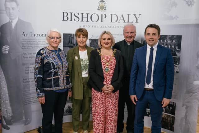 Pictured at the official launch of the new Bishop Edward Daly exhibition are, from left, Grainne McCafferty, Anne Gibson (Bishop Daly's sister), Mayor of Derry and Strabane Sandra Duffy, Bishop Donal McKeown and Emmet Thompson, pastoral co-ordinator, Derry Diocese.