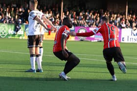 James Akintunde celebrates with Ryan Graydon after putting Derry City ahead in the 12th minutes against Dundalk at Oriel Park. Photo by Kevin Moore.