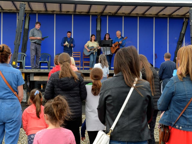 The was a large attendance at the Annual Blessing of the Greencastle fishing fleet service held in the village, on Friday afternoon last. Photo: George Sweeney. DER2231GS – 082