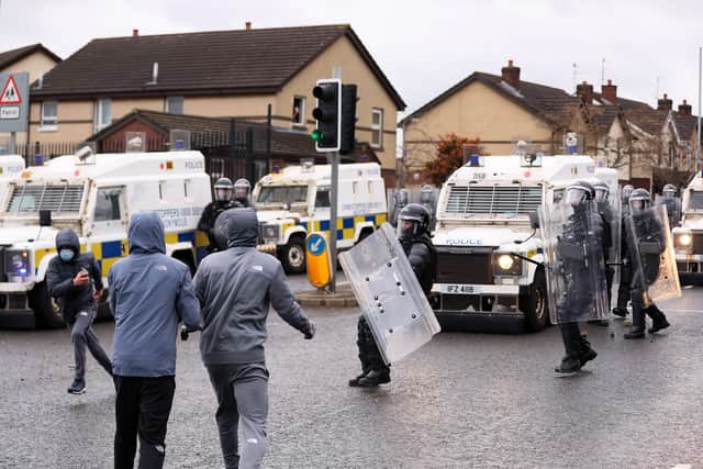 Press Eye - Belfast - Northern Ireland - 8th April 2021
General view of Nationalist youths clashing with the PSNI on the Springfield Road close to the peace line in west Belfast this evening.
Protests have been taking place across Northern Ireland by loyalists in the past week.
Photo by Jonathan Porter / Press Eye.