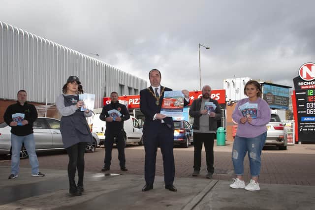 SHOP LOCAL SUPPORT LOCAL. . . . .The Mayor of Derry City and Strabane District Council, Brian Tierney pictured yesterday at the launch of the North Westâ€TMs â€ ̃Shop Local, Support Localâ€TM campaign at the Gas Stores, Strand Road, Derry. Included are James McMenamin, manager, Foyle Food Bank, Orla Miller, Gas Stores, Strand Road, Anthony McMenamin, Foyle Search and Rescue, Ronan McCay, Children in Crossfire and Nicole Deane, Campaign Organiser. (Photo: Jim McCafferty Photography)