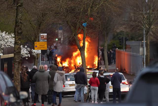 A burning bus in the Shankill area.