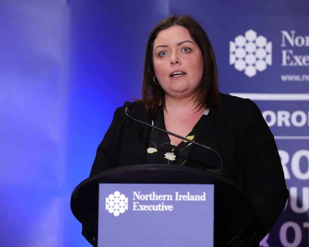 Press Eye - Belfast - Northern Ireland - 8th April 2020 -  Deirdre Hargey, Minister for Communities during the daily media broadcast in the Long Gallery at Parliament Buildings, Stormont on Wednesday.Photo by Kelvin Boyes / Press Eye.