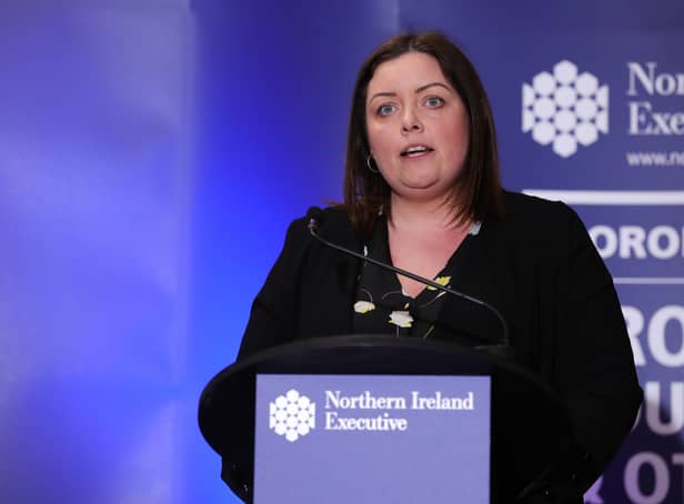 Press Eye - Belfast - Northern Ireland - 8th April 2020 -  Deirdre Hargey, Minister for Communities during the daily media broadcast in the Long Gallery at Parliament Buildings, Stormont on Wednesday.Photo by Kelvin Boyes / Press Eye.