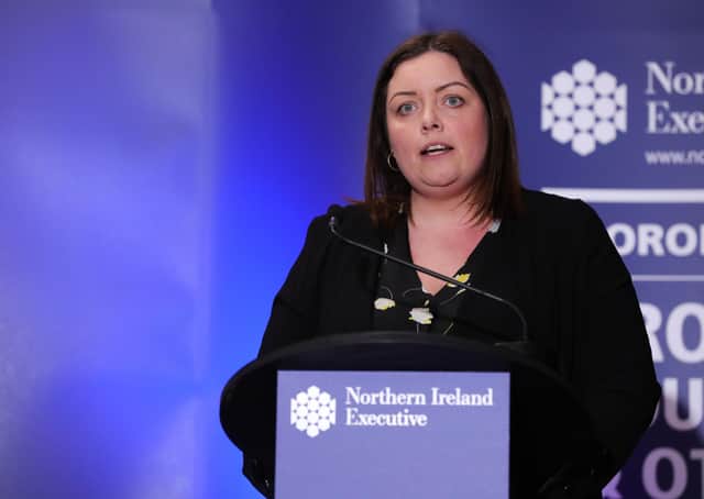Press Eye - Belfast - Northern Ireland - 8th April 2020 -  Deirdre Hargey, Minister for Communities during the daily media broadcast in the Long Gallery at Parliament Buildings, Stormont on Wednesday.Photo by Kelvin Boyes / Press Eye.