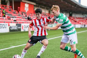 Brendan Barr holds off Liam Scales of Shamrock Rovers during the Airtricity League clash at the Ryan McBride Brandywell Stadium. Picture by Kevin Moore.