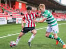Brendan Barr holds off Liam Scales of Shamrock Rovers during the Airtricity League clash at the Ryan McBride Brandywell Stadium. Picture by Kevin Moore.