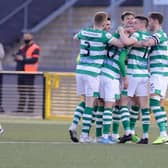 Shamrock Rovers players celebrate with Graham Burke after his goal of the season contender against Derry City. Picture by Kevin Moore.