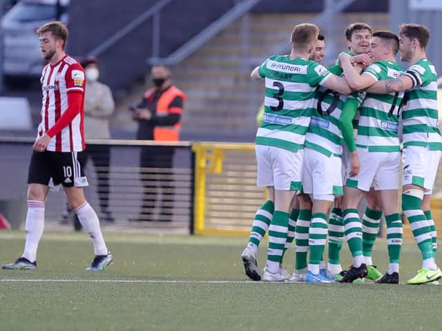 Shamrock Rovers players celebrate with Graham Burke after his goal of the season contender against Derry City. Picture by Kevin Moore.