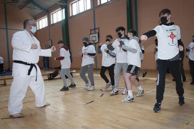 Karate master Sean Leonard putting St. Josephâ€TMs Year 10 students through their paces this week.