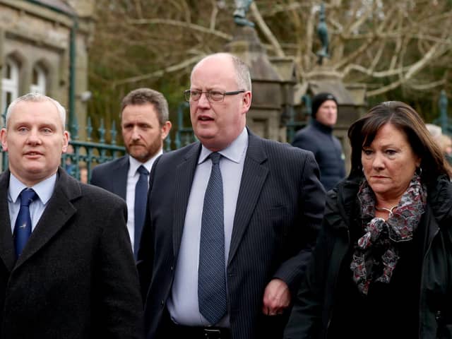MARCH 2017... Sir George Hamilton (centre) pictured at the funeral of Martin McGuinness at Long Tower Church in Derry.