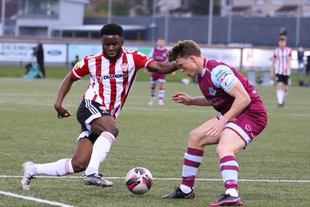 James Akintunde attempts to get past his man in the first half of the clash with Drogheda United at Brandywell.