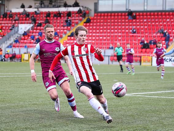 Will Fitzgerald gets on the ball during the first half of the 1-1 draw with Drogheda United at Brandywell on Friday night. Photograph by Kevin Moore
