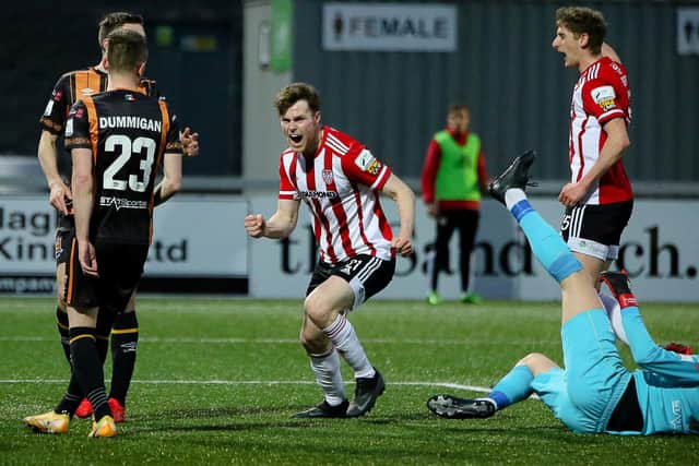 Cameron McJannet celebrates his equalising strike against Dundalk. Photograph by Kevin Moore.