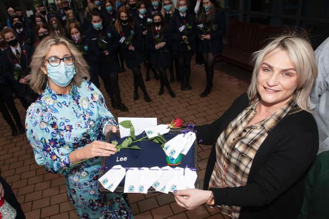 Mrs Katrina Crilly, Principal, Oakgrove Integrated College, presenting Jacqueline Gurney with Lee's Oakgrove Leavers Hoodie during Monday’s event.