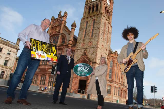 The Mayor Brian Tierney launching the jazz festival. he festival will run from April 30-May 2. Included are Johnny Murray, former artistic director, City of Derry Jazz & Big Band Festival, Andrea Campbell, Festival Organiser, DCSDC, and Joseph Leigh, jazz musician. (Photo: Jim McCafferty Photography)