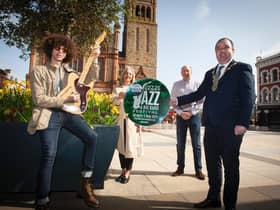 The Mayor of Derry City and Strabane District Council, Cllr Brian Tierney, pictured launching the 2021 City of Derry Jazz & Big Band Festival at Guildhall Square.
