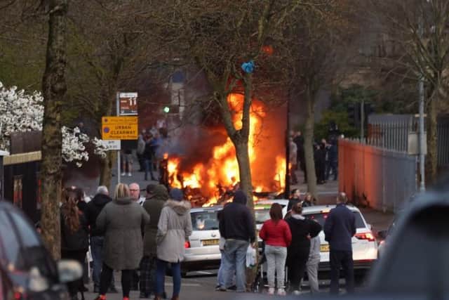 A bus burning in the Shankill during recent street disorder.