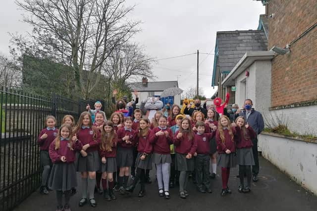 School children enjoying the crack when the Easter Bunny visited Culmore recently.