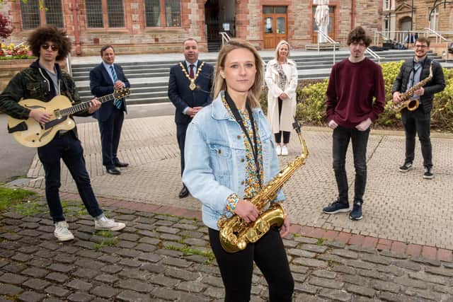 Mayor of Derry City and Strabane District Council, Cllr Brian Tierney, with Joseph Leighton, Kitija Ernstone, Mark McLaughlin and Diarmuid O'Kane who have all been awarded a £1,000 Council funded bursary as part of the City of Derry Jazz & Big Band Festival, which takes place virtually this weekend. The project was also supported by North West Regional College and Ulster University. Also pictured, Andrea Campbell, Council Festival Co-ordinator and Leo Murphy, NWRC Principal & CEO.