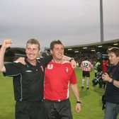 Stephen Kenny and Declan Devine pictured after Derry City's famous UEFA Cup victory over Gothenborg in 2006.