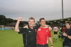 Stephen Kenny and Declan Devine pictured after Derry City's famous UEFA Cup victory over Gothenborg in 2006.
