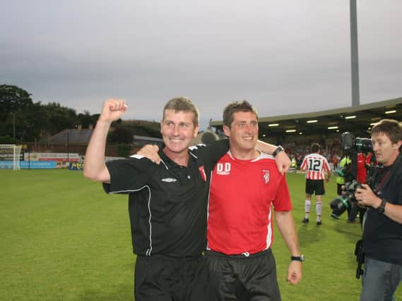 Stephen Kenny and Declan Devine pictured after Derry City's famous UEFA Cup victory over Gothenborg in 2006.