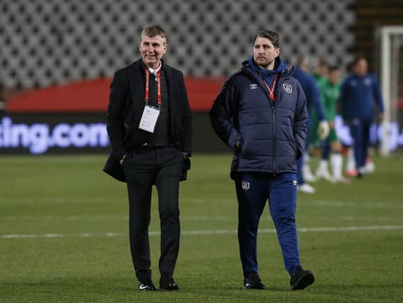 Ireland manager Stephen Kenny pictured with new Derry City boss Ruaidhri Higgins
