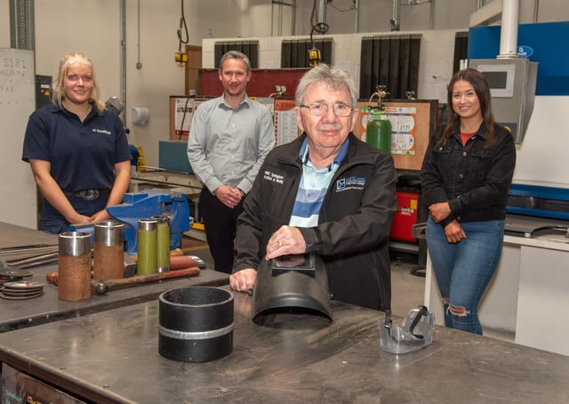 North West Regional College lecturer in Fabrication and Welding Gerry Burke pictured in the college's newly refurbished Springtown Campus, with (from left), former student Shannon Cartin, AC Engineering, Paul McGarrigle, Curriculum Manager, NWRC, and Chloe Rankin, Fabrication and Welding student at NWRC. (Pic Martin McKeown).