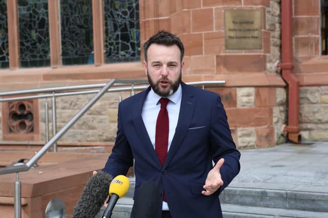 Press Eye - Northern Ireland -3rd August 2020 - SDLP Leader Colum Eastwood addresses the press on the steps of the Guildhall, Derry.