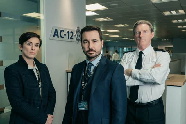 Line of Duty: (L-R) Vicky McClure as Detective Sergeant Kate Fleming, Adrian Dunbar as Superintendent Ted Hastings, Martin Compston as Detective Sergeant Steve Arnott. PA Photo/BBC/World Productions Ltd/Aiden Monaghan.