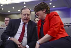 Arlene Foster with DUP deputy leader Nigel Dodds. Mrs. Foster has announced she will be stepping down as DUP leader next month.