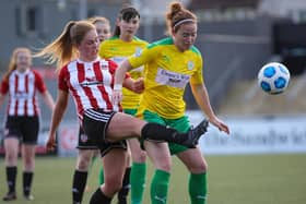 Derry City Women's Alison McGonagle tussles with Cliftonville Ladies Marissa Callaghan during Wednesday night's game at the Brandywell. Picture by John Paul McGinley/JPJPhotography