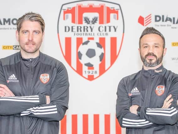 Derry City boss Ruaidhri Higgins and first team coach Rafael Cretaro. Picture by North West Newspix.