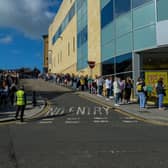 Hundreds of shoppers queue outside Primark on Friday morning as non-essential retails outlets reopen. Photo: George Sweeney / Derry Journal.  DER2117GS – 014