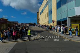 Hundreds of shoppers queue outside Primark on Friday morning as non-essential retails outlets reopen. Photo: George Sweeney / Derry Journal.  DER2117GS – 014