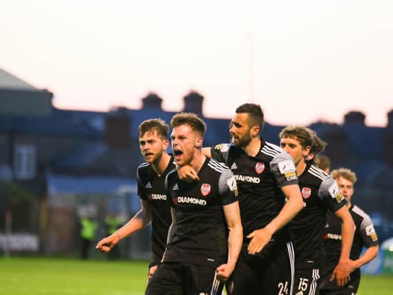 Derry City defender Cameron McJannet celebrates after scoring his third goal of the season which got the Candy Stripes back on level terms at Dalymount. Photograph by Kevin Moore.