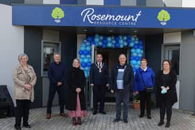 Group pictured at the official opening of the newly built Rosemount Resource Centre yesterday afternoon are, from left, Sharon McCullough, DfC, Robbie Clarke, DfC, Bronagh Donnelly, Chairperson, Rosemount Resource Centre, Colr. Brian Tierney, Mayor of Derry and Strabane, Eileen Kivlehan, Deputy Chairperson, Rosemount Resource Centre, and Pauline Mellon, Deputy Chairperson, Rosemount Resource Centre. DER2118GS – 021