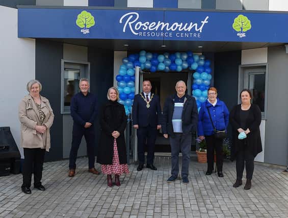 Group pictured at the official opening of the newly built Rosemount Resource Centre yesterday afternoon are, from left, Sharon McCullough, DfC, Robbie Clarke, DfC, Bronagh Donnelly, Chairperson, Rosemount Resource Centre, Colr. Brian Tierney, Mayor of Derry and Strabane, Eileen Kivlehan, Deputy Chairperson, Rosemount Resource Centre, and Pauline Mellon, Deputy Chairperson, Rosemount Resource Centre. DER2118GS – 021