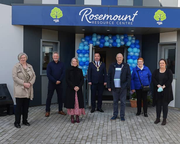 Group pictured at the official opening of the newly built Rosemount Resource Centre yesterday afternoon are, from left, Sharon McCullough, DfC, Robbie Clarke, DfC, Bronagh Donnelly, Chairperson, Rosemount Resource Centre, Colr. Brian Tierney, Mayor of Derry and Strabane, Eileen Kivlehan, Deputy Chairperson, Rosemount Resource Centre, and Pauline Mellon, Deputy Chairperson, Rosemount Resource Centre. DER2118GS – 021