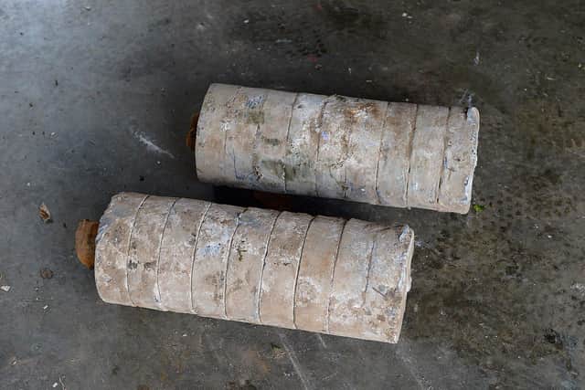 Tail plane weights recovered from the WWII Bristol Beaufort twin-engine torpedo bomber crash site at Ballykelly. DER2118GS – 003