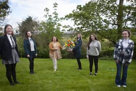 Georgia Donnelly presenting flowers to Sandra Biddle, Foyle School of Speech and Drama awards last week. Included from left are Eildh Oâ€TMConnor Abby O'Donnell, Aimee Doherty and Leah Curry. (Photos Jim McCafferty Photography)