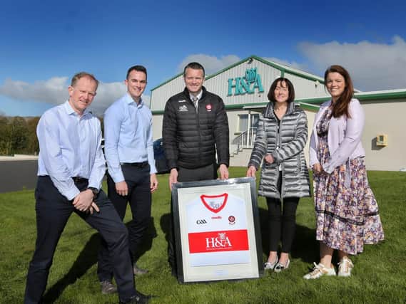 (From left) Martin Collins, Director H&A Mechanical, Carlus McWilliams, Stephen Barker, Derry County Chairman, Anne McWilliams, Maureen Quinn (nee McWilliams) at the launch of the new Derry 2021 GAA jersey.(Photograph: Margaret McLaughlin)