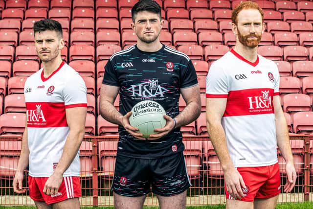 Derry players Conor Doherty, Odhran Lynch and Conor Glass in the new 2021 Derry jersey which was launched by O’Neill’s today. (Photograph: Margaret McLaughlin)