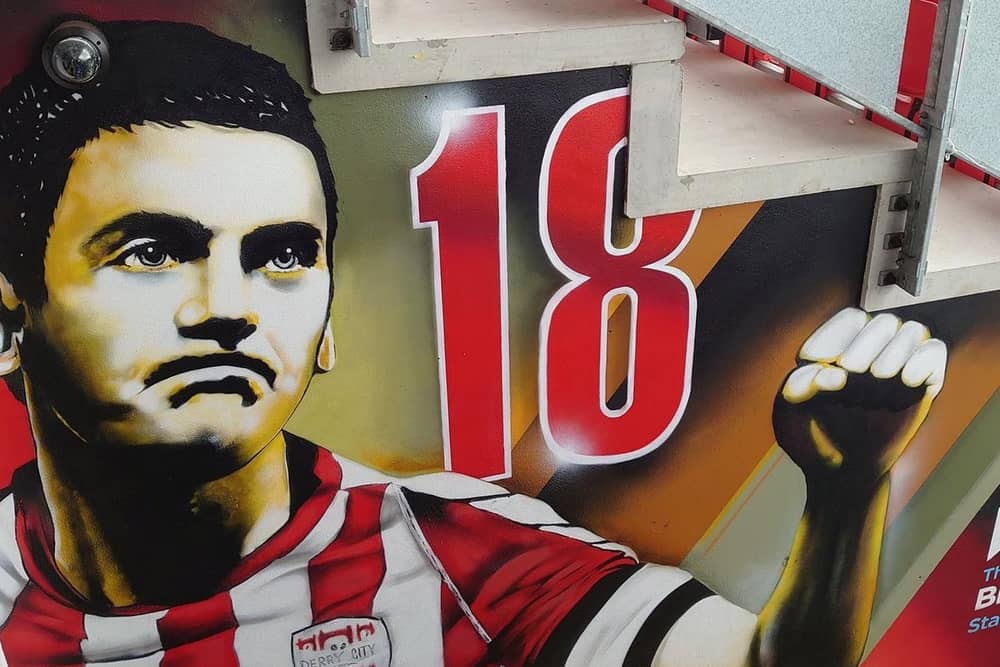 Ruaidhri Higgins hopes his attacking players can take inspiration from the new Mark Farren mural which adorns the wall outside the Derry City changing rooms at the Ryan McBride Brandywell Stadium.