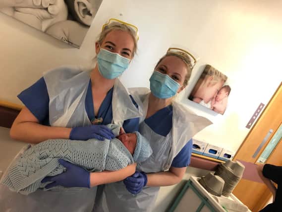 Western Trust Midwives Emma McGlinchey and Emma Bradley who delivered their colleagues baby boy on International Midwives Day.