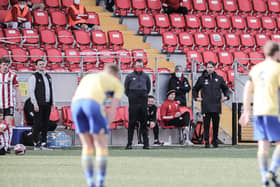 Longford Town manager Daire Doyle and Derry City boss Ruaidhri Higgins pictured on the touchline during Friday's Premier Division clash at Brandywell. Picture by Kevin Moore.