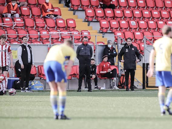 Longford Town manager Daire Doyle and Derry City boss Ruaidhri Higgins pictured on the touchline during Friday's Premier Division clash at Brandywell. Picture by Kevin Moore.
